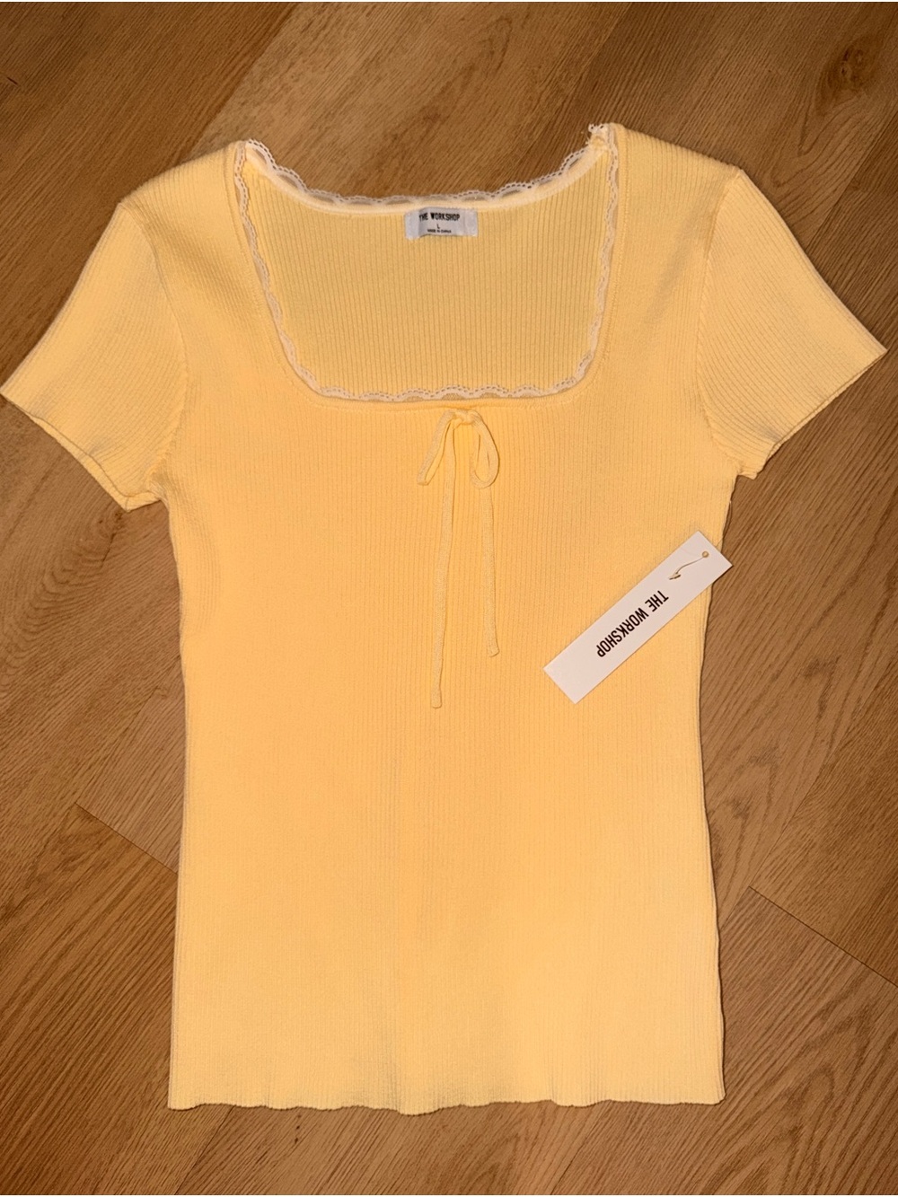 The Workshop Women's Lace Yellow Ribbed Square-Neck Top